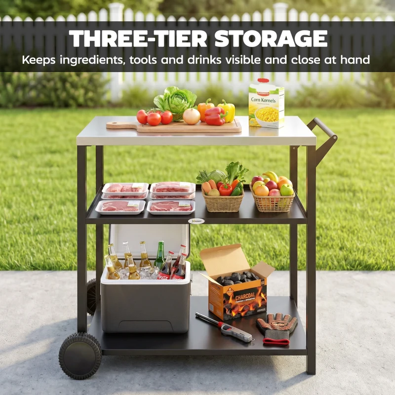 Outsunny Outdoor Grill Cart with Stainless Steel Top, Three-Tier Pizza Oven Stand, BBQ Cart on Wheels, Black