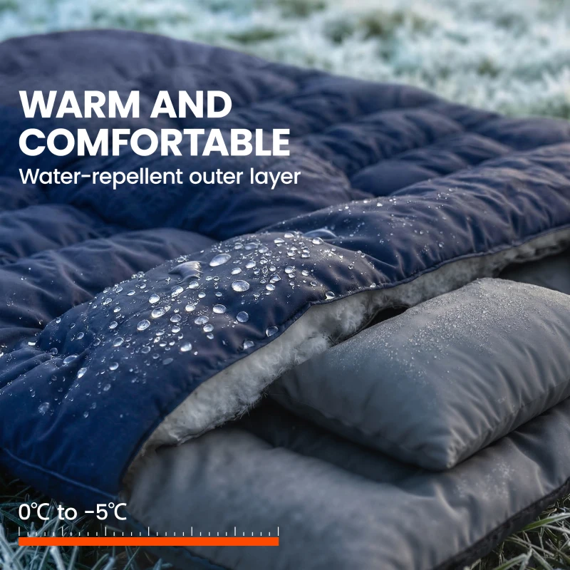 Outsunny Double Sleeping Bag for Adults, Queen Size 2 Person Sleeping Bag with 2 Pillows, for Cold Weather & Warm, Blue