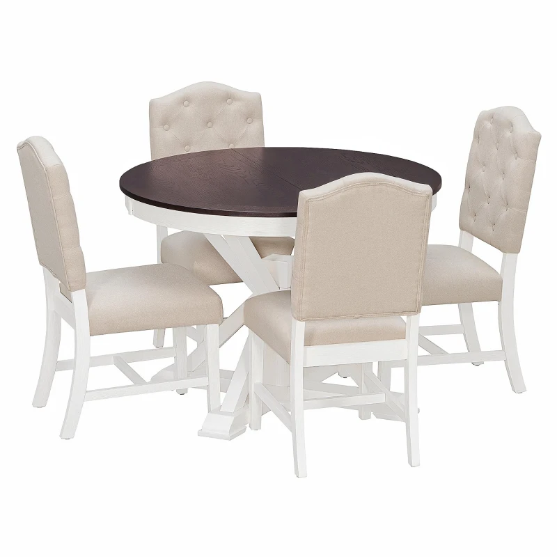Extendable Dining Table Set with 4 Upholstered Chairs, Stylish Kitchen Table Set with Oak Veneer Top, 54" L x 42" W x 30" H, Off White+Walnut