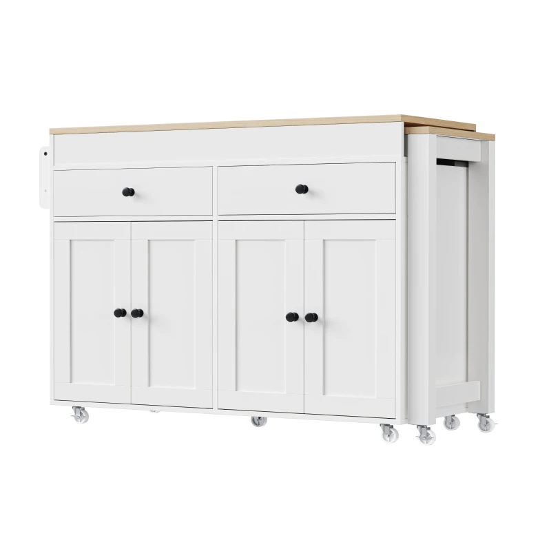Space-Saving Kitchen Cart with Extendable Dining Table, Rolling Kitchen Island with Ample Storage, 74.5'' L x 19.5'' W x 36'' H, Off White