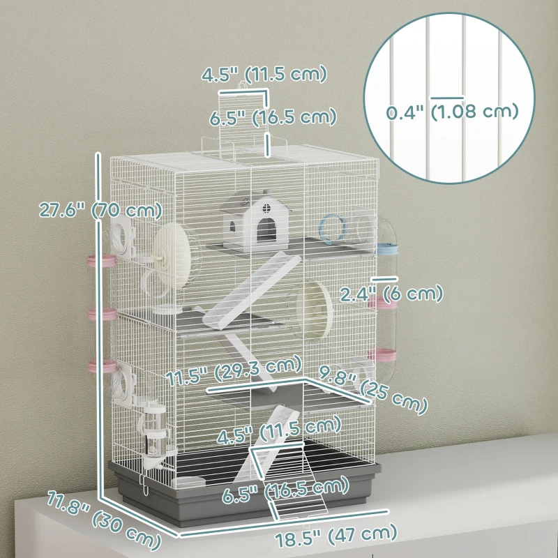 PawHut 4-Level Large Hamster Cage with DIY Tubes, Water Bottle, Food Dish, Hut, Exercise Wheels, Grey