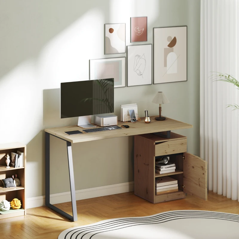 HOMCOM 53 Inch Computer Desk, Writing Table with Cabinet, Drawer, Adjustable Shelf for Home Office Study, Natural Wood