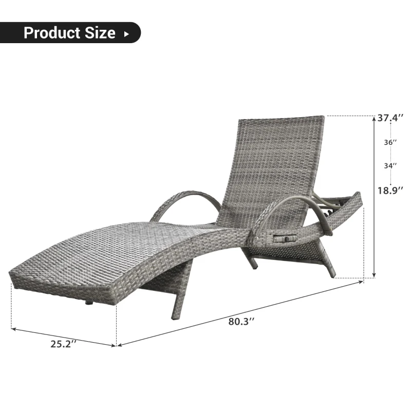Set of 2 Outdoor Wicker Chaise Lounge with Adjustable Backrest, Ergonomic Recliners with Pull-Out Side Table, 80'' L x 27'' W x 36'' H, Grey