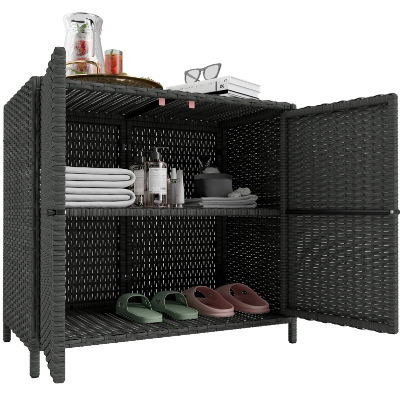 Outsunny Wicker Outdoor Storage Cabinet Double Magnetic Doors, PE Rattan Outdoor Towel Rack for Pool, Patio, Dark Grey