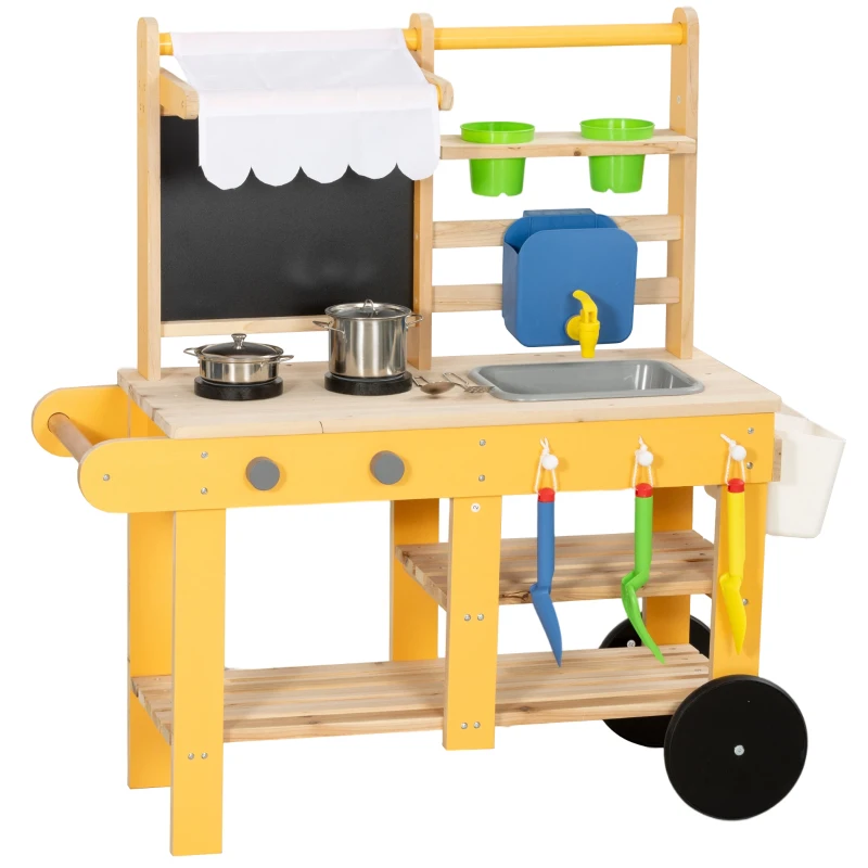 Qaba Mud Kitchen for Kids Outdoor with Wheels, Wooden Play Kitchen with Sink, Storage, Planting Pots, Blackboard, Yellow