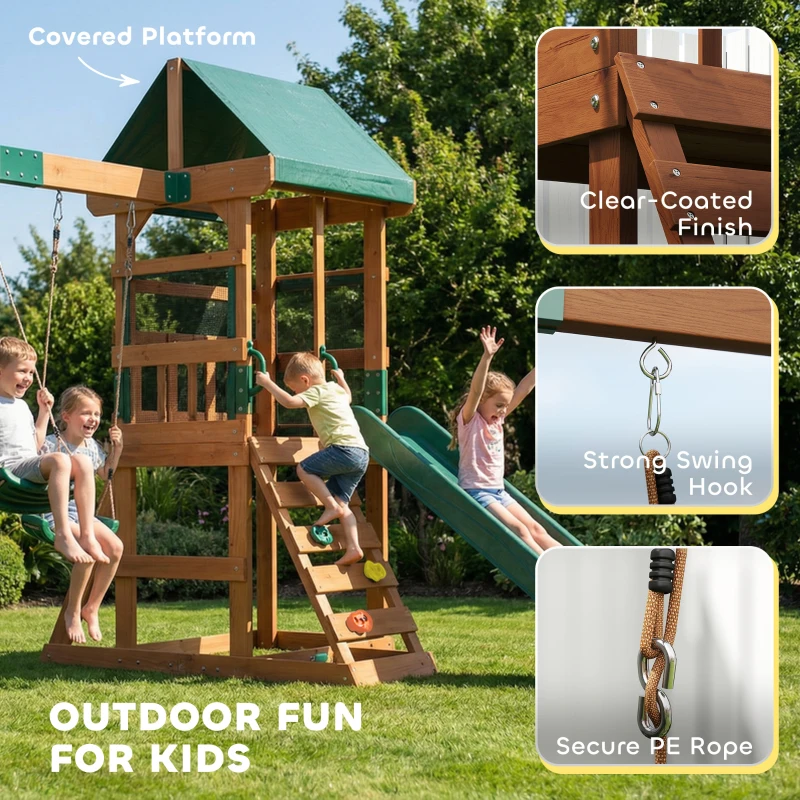 Qaba Wood Swing Set, Outdoor Playset with Slide, 2 Swings, Rock Wall and Covered Upper Deck, Kids Outdoor Playground