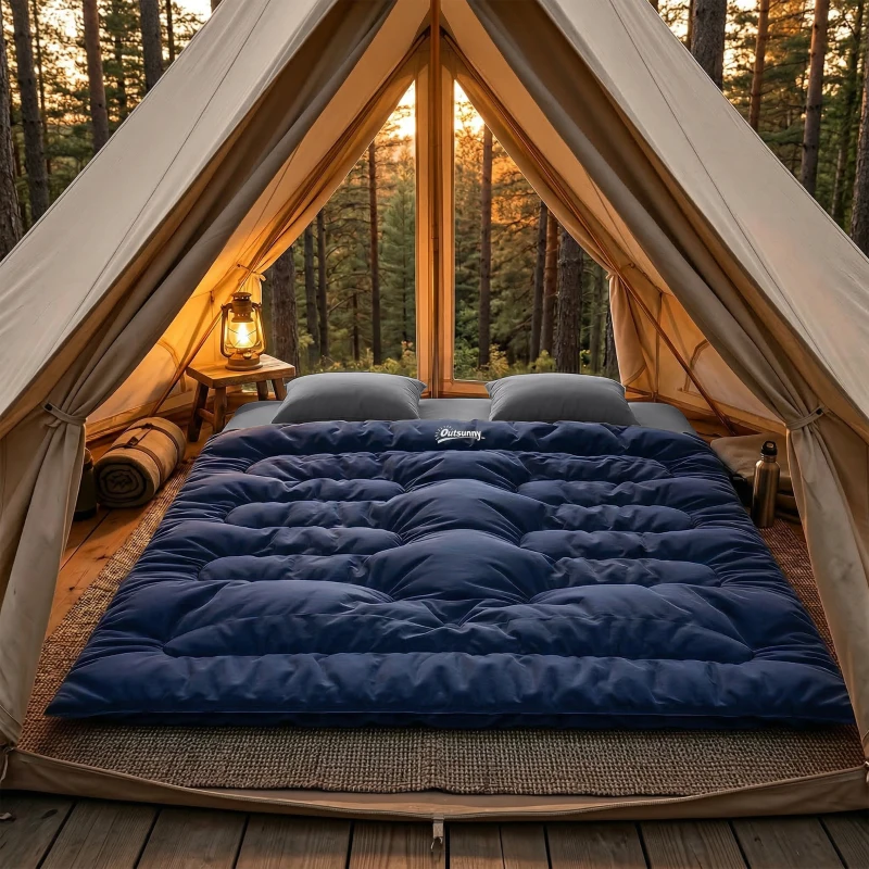 Outsunny Double Sleeping Bag for Adults, Queen Size 2 Person Sleeping Bag with 2 Pillows, for Cold Weather & Warm, Blue