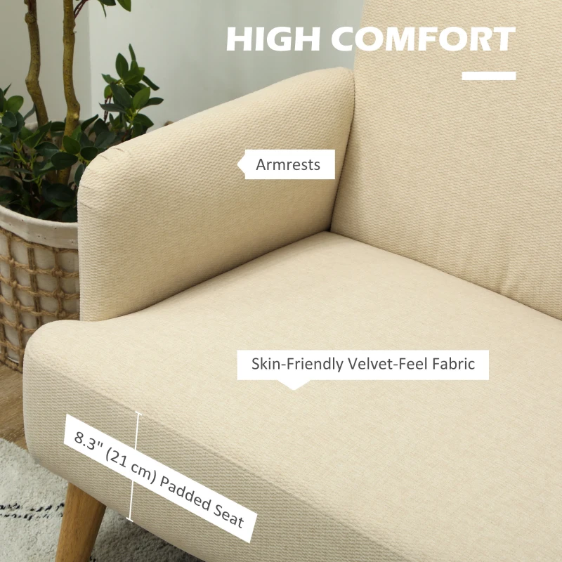 HOMCOM Velvet Feel Fabric 2 Seater Sofa, Small Sofa Loveseat with 8.3" Thick Padding and Wood Legs, Cream White