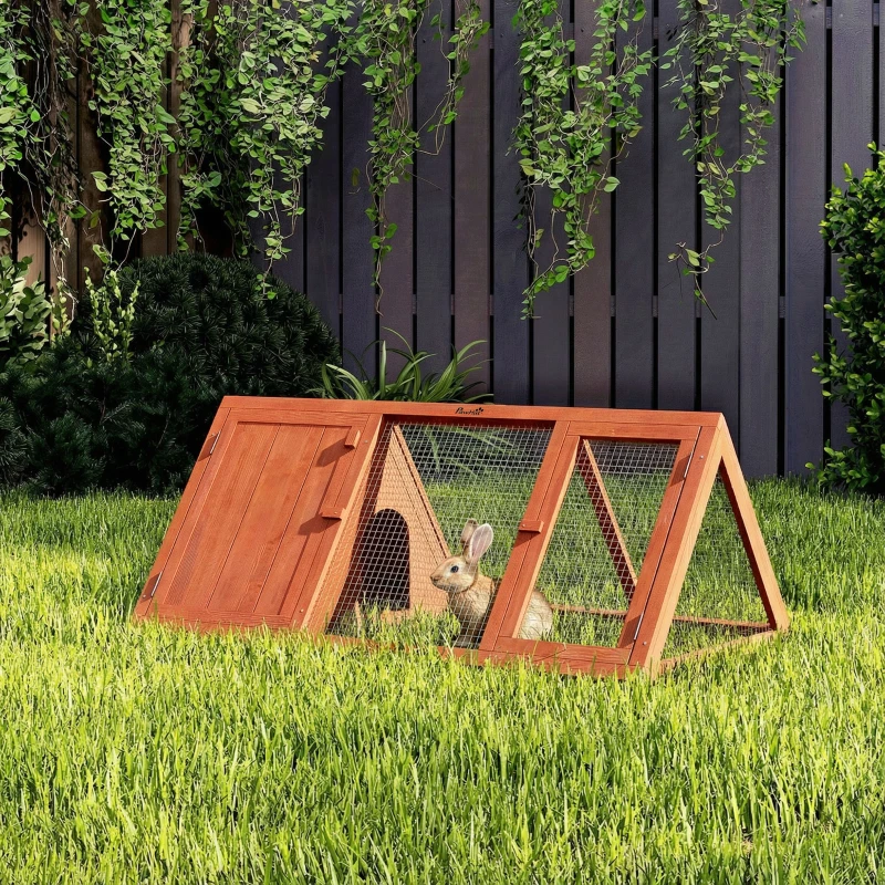 PawHut Rabbit Hutch, Wooden Guinea Pig Hutch with Run and Doors, Outdoor Triangle Bunny House for Rabbits,Duck and Chicken