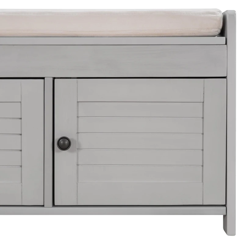 Rustic Storage Bench with Removable Linen-Blend Cushion, Functional Entryway Bench for Living Room, 43.5" L x 16" W x 18" H, Gray Wash