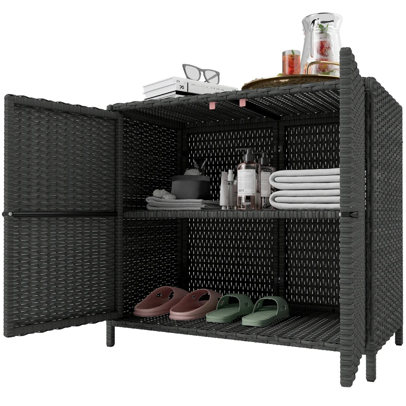 Outsunny Wicker Outdoor Storage Cabinet Double Magnetic Doors, PE Rattan Outdoor Towel Rack for Pool, Patio, Dark Grey