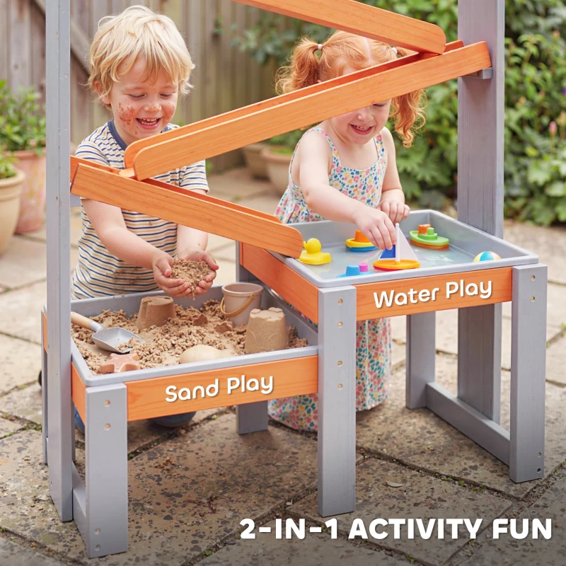 Qaba Wooden Sandbox, Kids Sand and Water Table with Waterway Track and Dual Boxes, Sensory Table for Outdoor, Grey