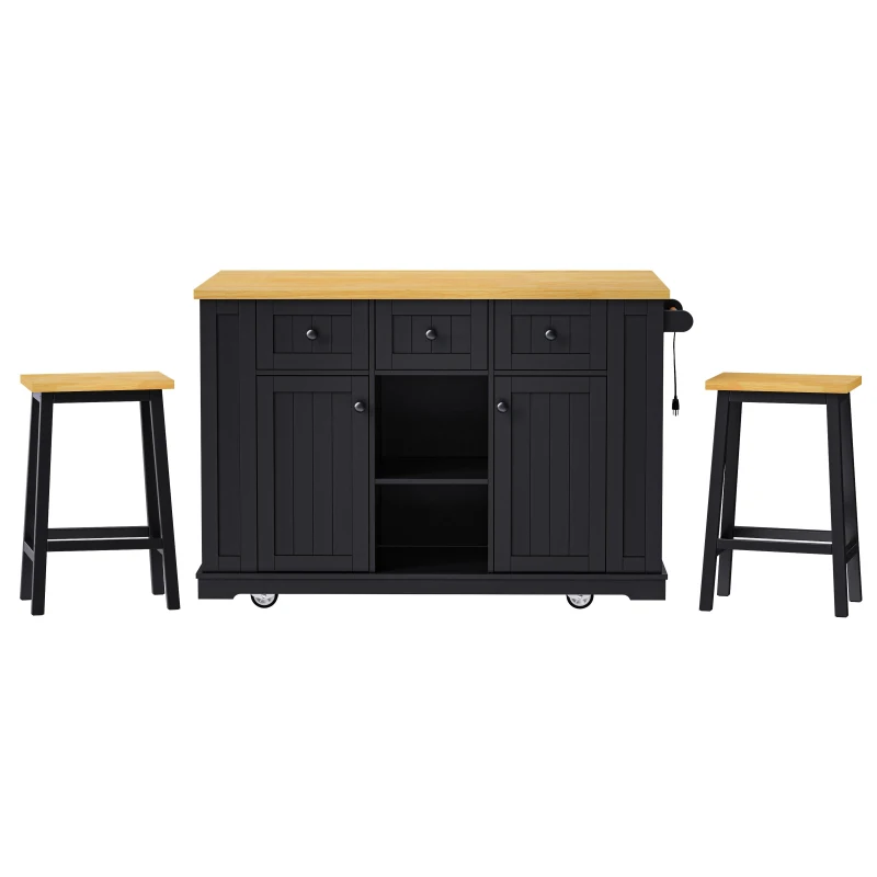 Large Kitchen Island and 2 Bar Stools for Dining Areas, Versatile Island Set with Built-In Charging Station, 48'' L x 29.5'' W x 36.5'' H, Black