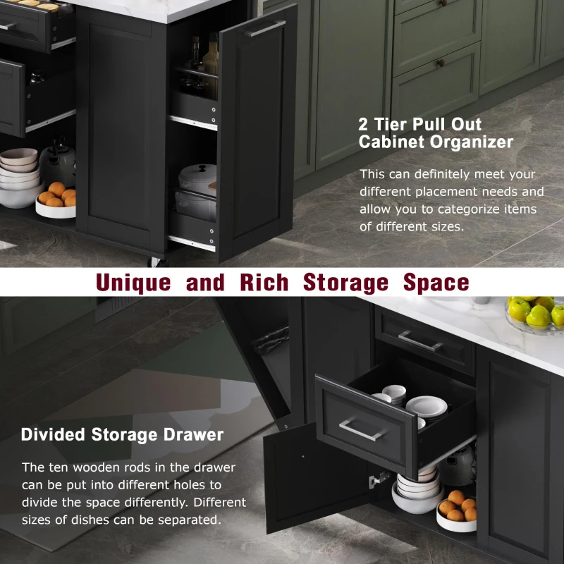 Versatile Kitchen Island with 2-Tier Pull-Out Organizer & 5 Casters, Rolling Kitchen Cart with Drop Leaf, 50.5'' L x 26.5'' W x 35.5'' H, Black
