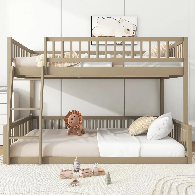 Convertible Full XL Over Queen Bunk Bed with Space-Saving Ladder, Stylish Loft Bed with Solid Wood Slats, 84" L x 62.5" W x 58.5" H, Walnut