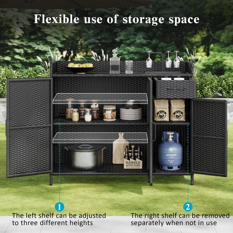 Outdoor Wicker Storage Cabinet with 3-Tier Adjustable Shelves, Stylish Bar Table for Garden, 47.5'' L x 16'' W x 39.5'' H, Black Brown