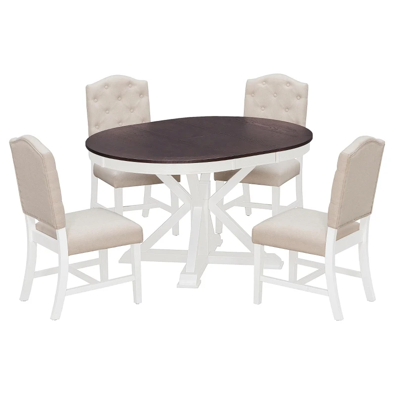 Extendable Dining Table Set with 4 Upholstered Chairs, Stylish Kitchen Table Set with Oak Veneer Top, 54" L x 42" W x 30" H, Off White+Walnut