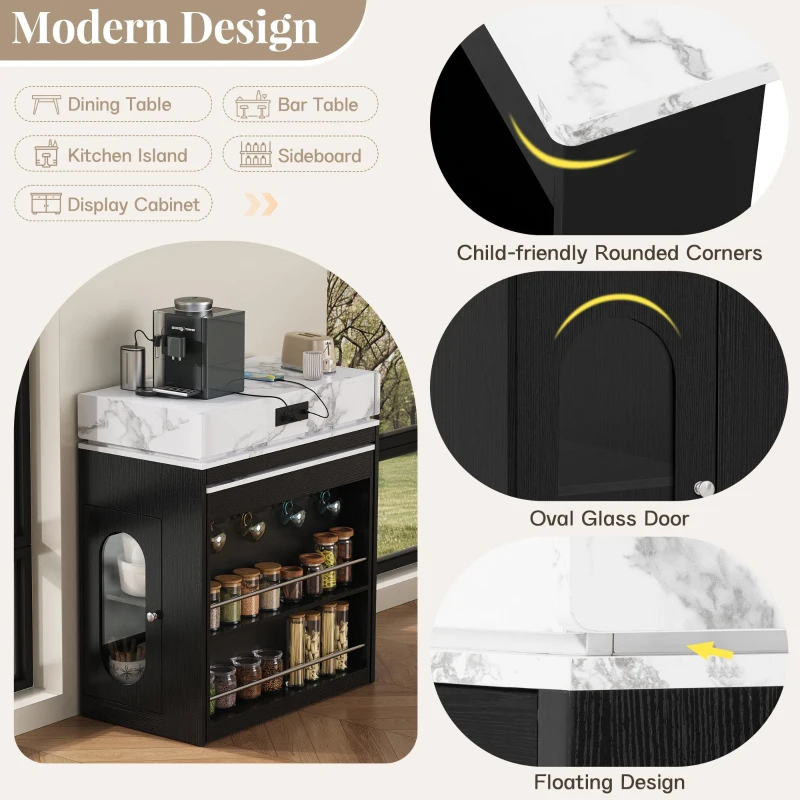 Extendable Dining Table with Folding Tabletop, Multi-Functional Kitchen Island with Drawers, 57.5" L x 32.5" W x 38" H, Black+White Marble