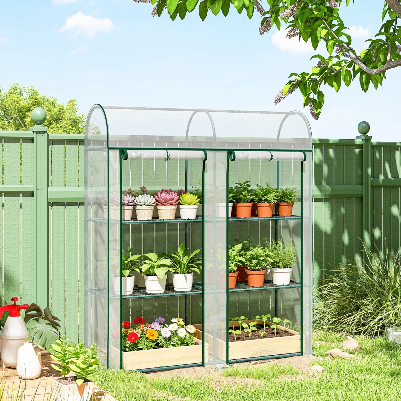 Outsunny 3 Tier Mini Greenhouse, Portable Greenhouse with 2 Roll-up Doors, 56.3" x 18.1" x 64.6", Clear
