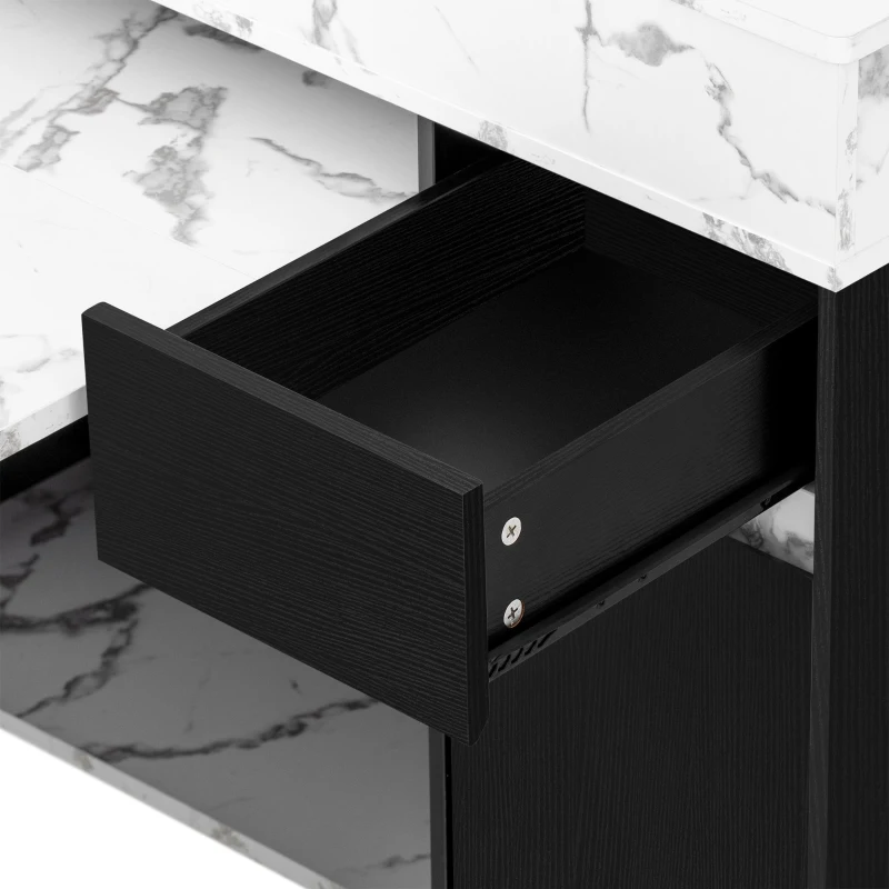 Extendable Rolling Kitchen Island with Folding Top, Versatile Kitchen Cart with Windows, 74" L x 43.5" W x 37.5" H, Black+White Marble