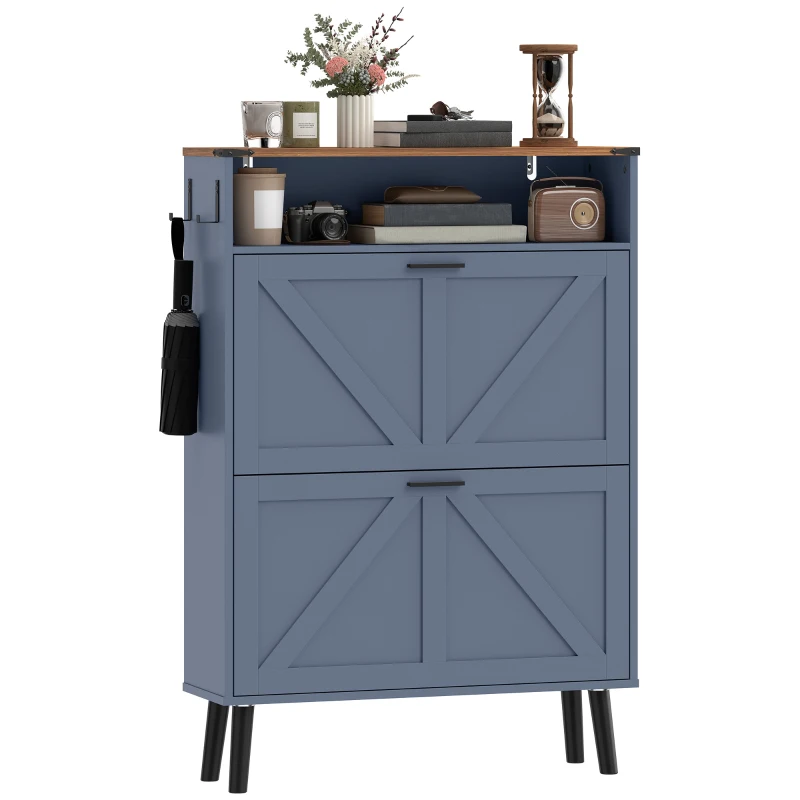 HOMCOM Shoe Storage Cabinet with 2 Flip Drawers, Farmhouse Narrow Shoe Cabinet, Holds Up to 16 Pairs, Blue