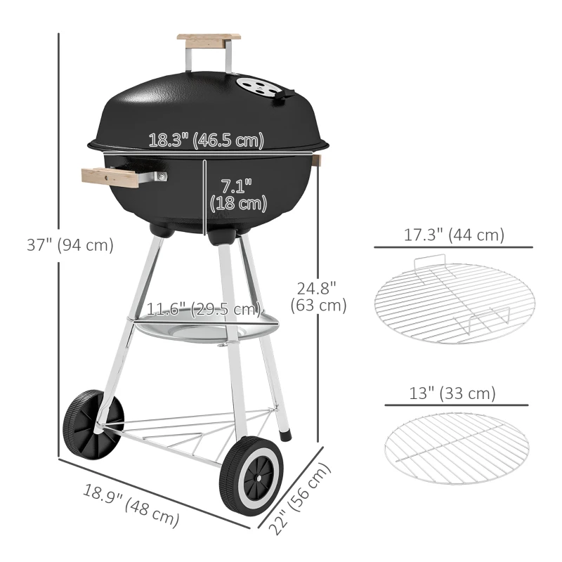 Outsunny Portable Charcoal BBQ Grill, Steel Outdoor Camp Picnic Cooker with Lid, Air Vents, Wheels and Storage Shelf, Black