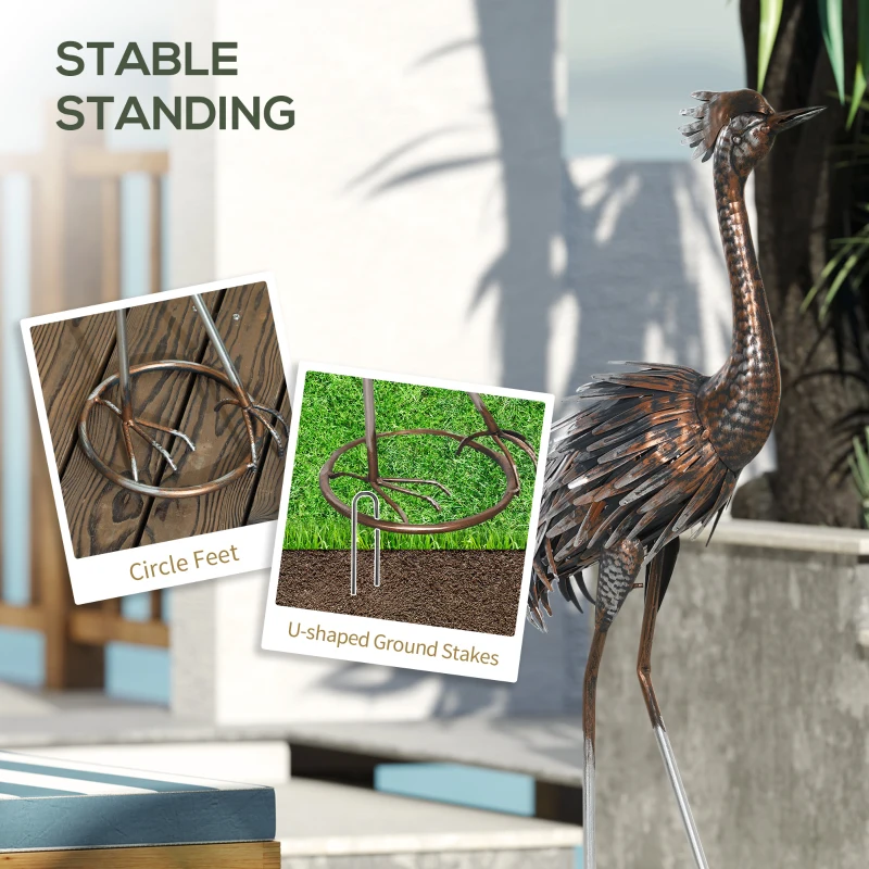 Outsunny Garden Statue Heron Standing Lawn Sculpture Statue Ornament with Stakes for Lawn 12.2"W x 7.1"D x 28"H Silver Tone