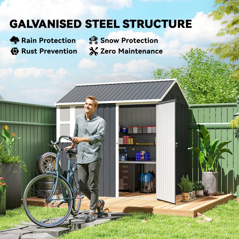 Outsunny 7' x 5.5' Metal Garden Storage Shed, Outdoor Tool Storage House with Lockable Door, Vents, Sloped Roof, Dark Grey