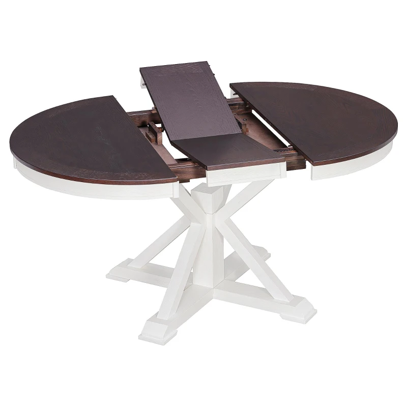 Extendable Dining Table Set with 4 Upholstered Chairs, Stylish Kitchen Table Set with Oak Veneer Top, 54" L x 42" W x 30" H, Off White+Walnut