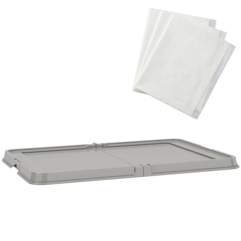 PawHut Pee Pad Holder Foldable Dog Litter Box with 3 Disposable Pads, 33.9" x 24.4", Gray