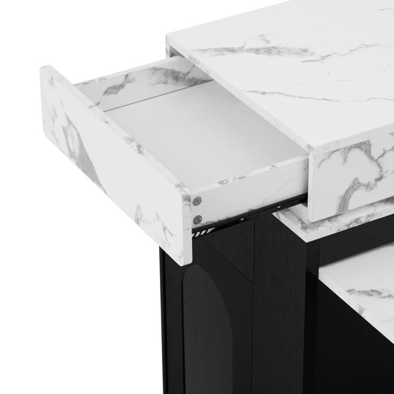 Extendable Dining Table with Folding Tabletop, Multi-Functional Kitchen Island with Drawers, 57.5" L x 32.5" W x 38" H, Black+White Marble