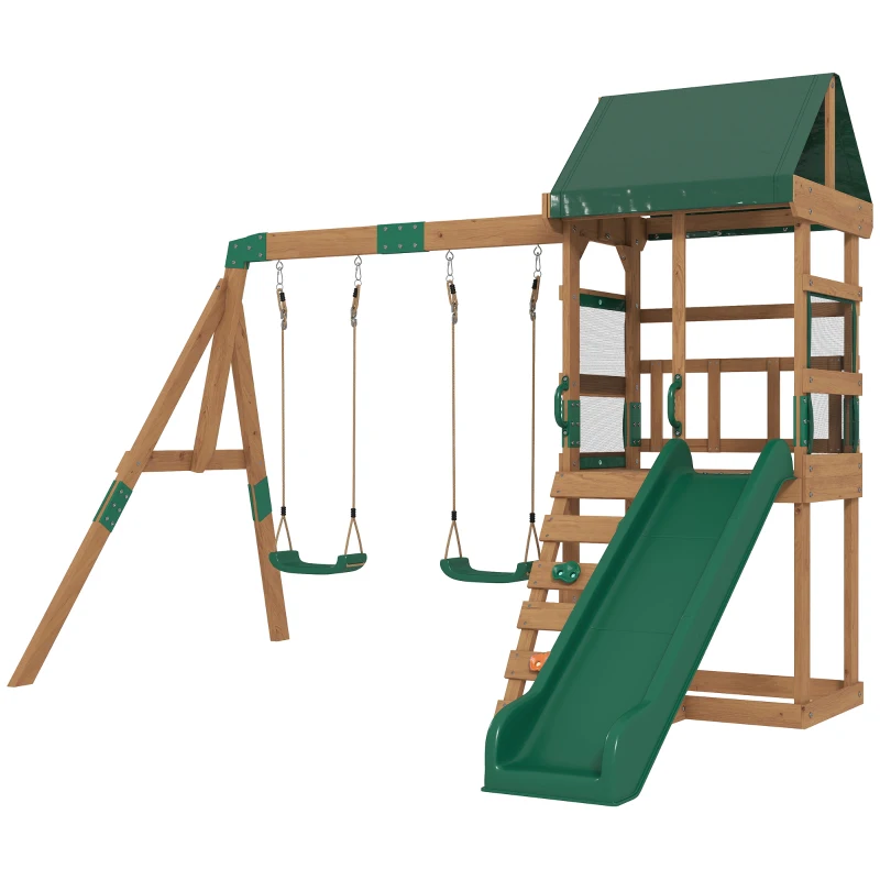 Qaba Wood Swing Set, Outdoor Playset with Slide, 2 Swings, Rock Wall and Covered Upper Deck, Kids Outdoor Playground