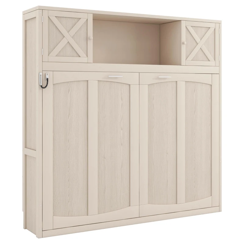 Space-Saving Full Size Murphy Bed with Fold-Down Design, Sturdy Storage Bed with 3 Upper Cabinets, 83" L x 60.5" W x 82" H, Beige