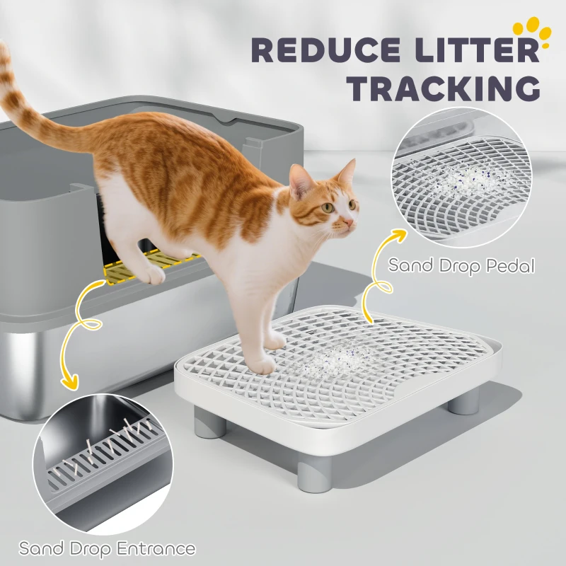 PawHut Stainless Steel Litter Box with High Sides, Metal Cat Litter Box with Scoop, Pedal, Anti-Urine Leakage, Non-Sticky