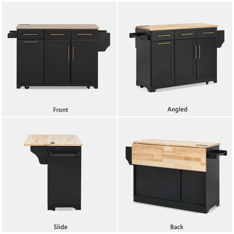 Rolling Kitchen Island with Drop-Leaf Rubberwood Top, Versatile Storage Cart for Contemporary Homes, 59.5'' L x 29.5'' W x 35.5'' H, Black