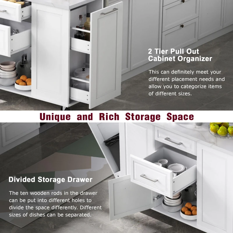 Rolling Kitchen Island with 2‑Tier Pull-Out Organizer, Versatile Storage Cabinet for Open-Plan Kitchens, 50.5'' L x 26.5'' W x 35.5'' H, White