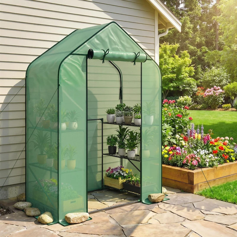 Outsunny Greenhouse for Outdoors, Portable Greenhouse with 6 Shelves, UV-Resistant PE Cover, Roll-Up Door, Green