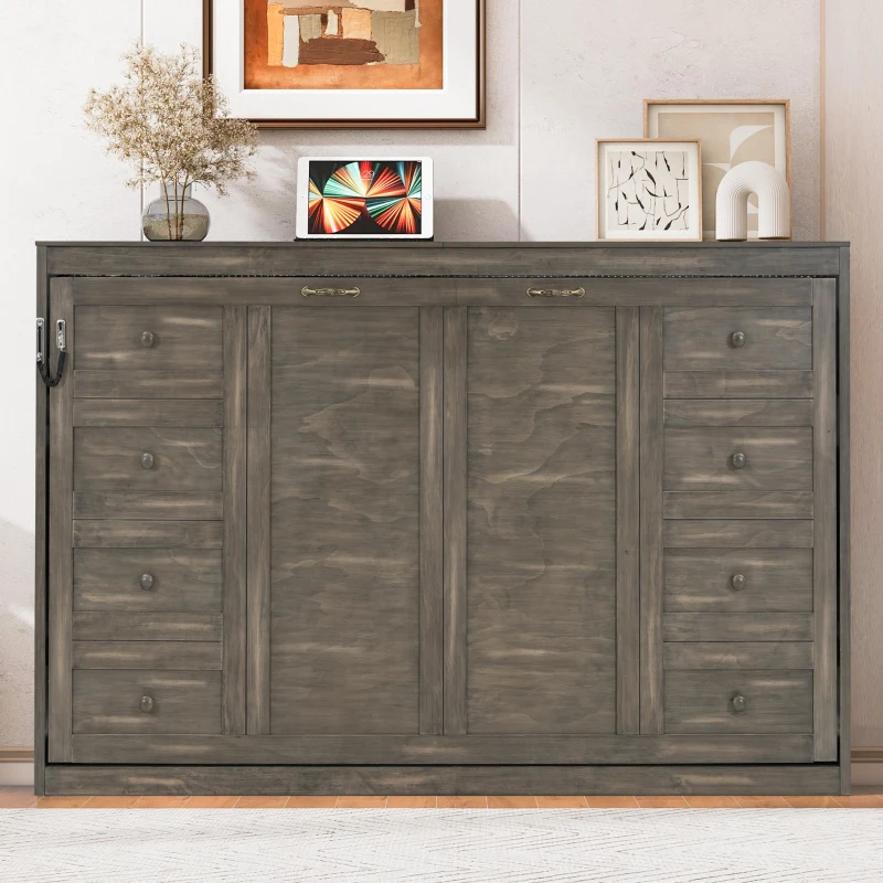 Full Size Murphy Bed with LED Light and Built‑In Desk, Foldable Platform Bed with Smooth Hydraulic Lift, 83" L x 60.5" W x 62" H, Brown