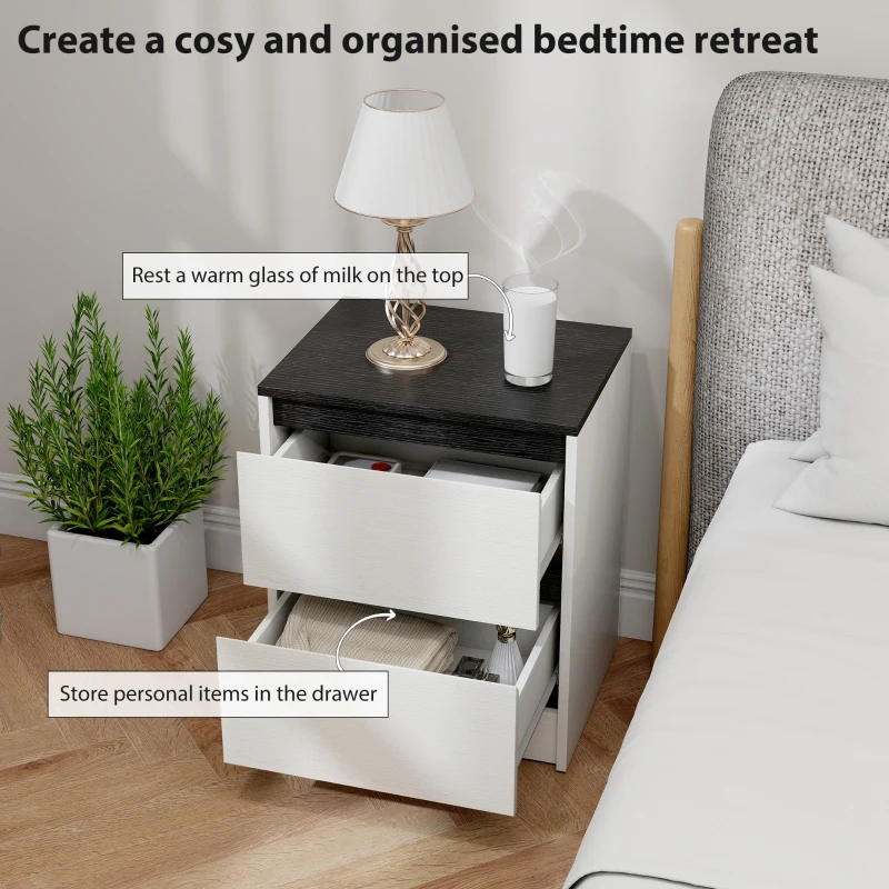 HOMCOM Nightstands Set of 2, Modern Bedside Tables with 2 Drawers, End Side Tables for Bedroom, White