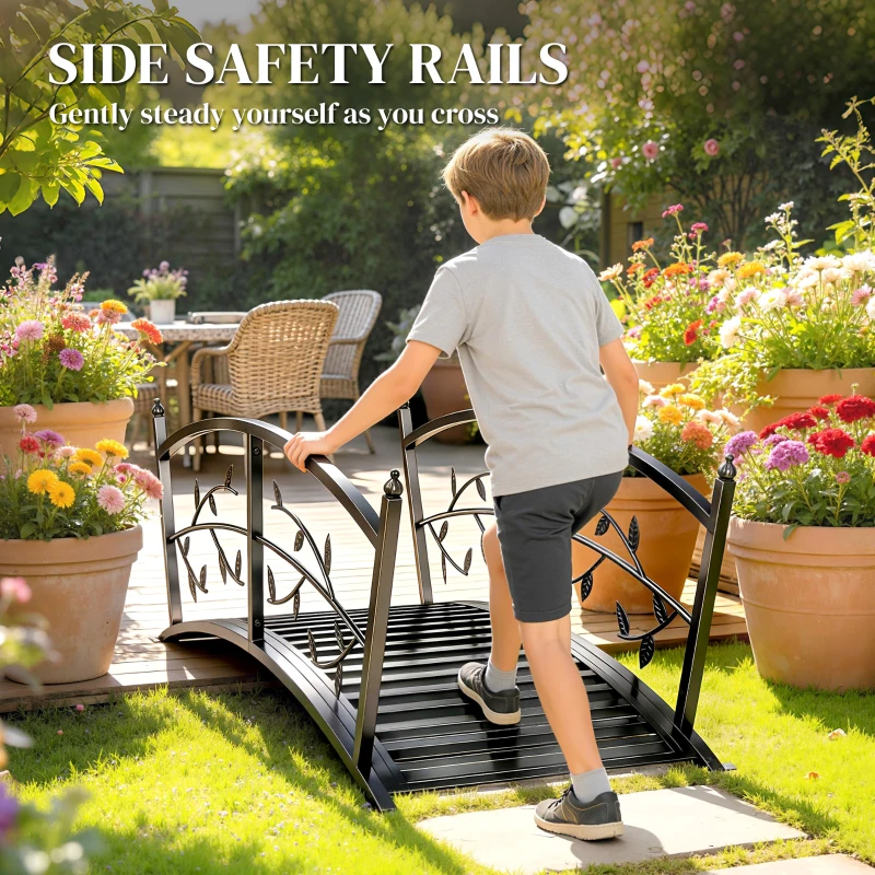 Outsunny 4 FT Metal Garden Bridge with Safety Railings, Outdoor Pond Bridge, Arch Decorative Footbridge for Creek Stream