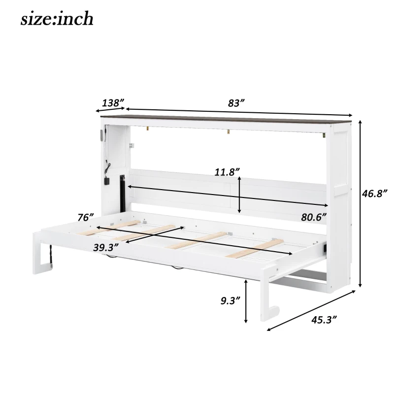 Twin-Size Murphy Bed with LED Light and Foldaway Cabinet, Space-Saving Wall Bed with Desk Conversion, 83" L x 45.5" W x 47" H, Brown+White