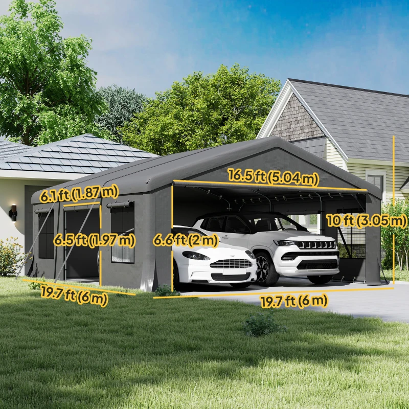 Outsunny 20' x 20' Heavy Duty Carport, Portable Garage Car Canopy Tent Shelter with 3 Roll-up Doors, 4 Windows, Dark Grey