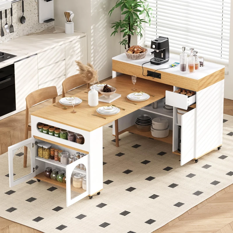 Extendable Rolling Kitchen Island with Folding Top, Versatile Kitchen Cart with Windows, 74" L x 43.5" W x 37.5" H, Creamy White+Natural