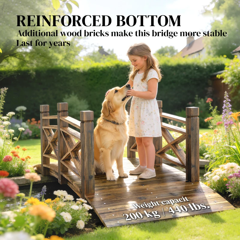 Outsunny Garden Bridge Wooden Arch Footbridge with Safety Rails Carbonized