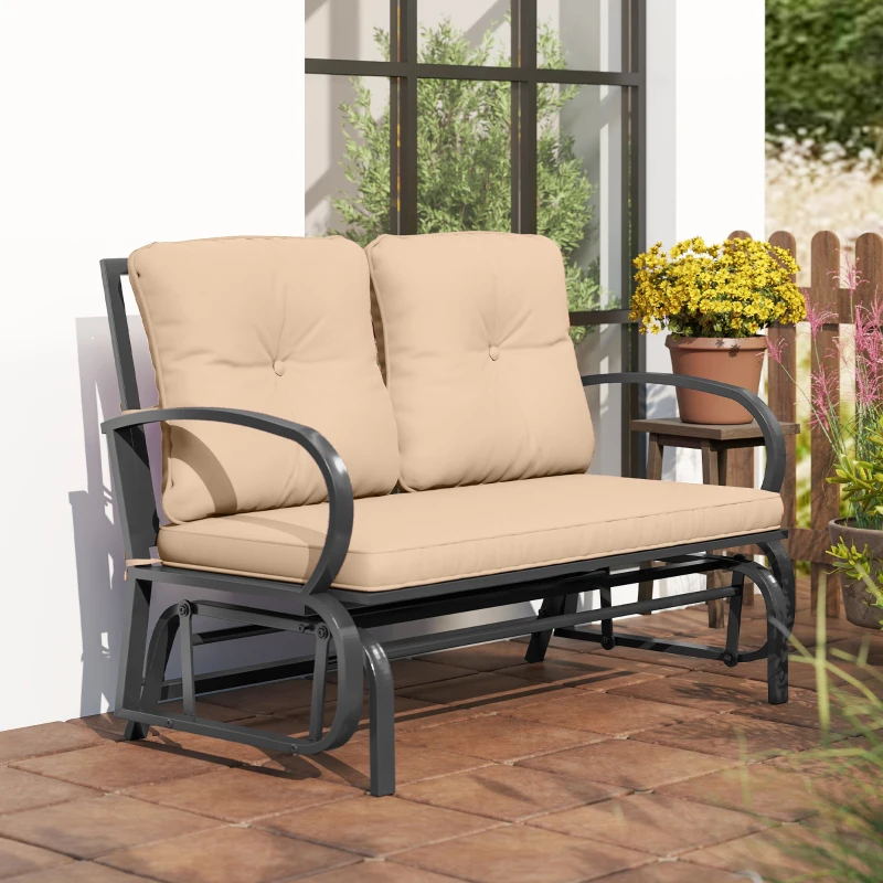 Outsunny 2-Person Outdoor Glider Chair, Patio Double Rocking Loveseat with Steel Frame and Cushions for Backyard, Garden and Porch, Khaki