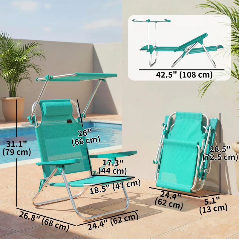 Outsunny 2 Piece Folding Beach Chairs with Adjustable Canopy, 6-Position Reclining Lounge Chair with Headrest, Turquoise