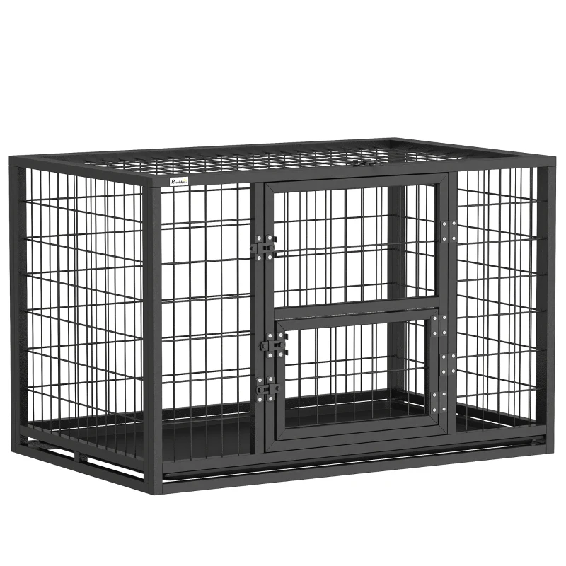 PawHut 37 Inch Heavy Duty Dog Crate, Large Metal Dog Kennel with Removable Tray, 3 Doors and Secure Lock