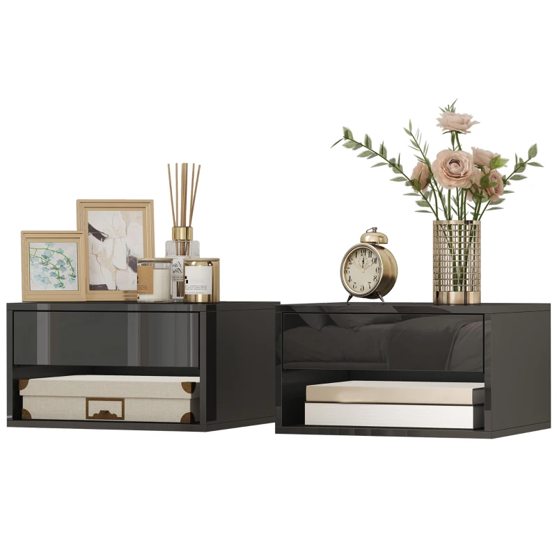 HOMCOM Floating Bedside Tables Set of 2, Wall-Mounted Nightstand, High Gloss Black