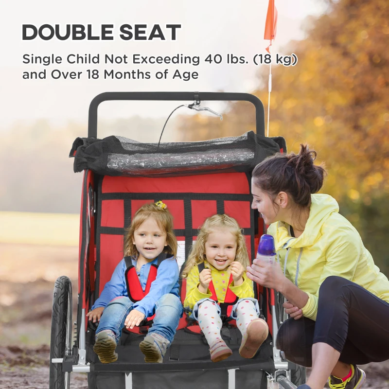 Aosom 2-in-1 Bike Trailer for Kids, Foldable 2-Seat Baby Stroller with 5-Point Harness, Rubber Wheels, Storage Bag, Red