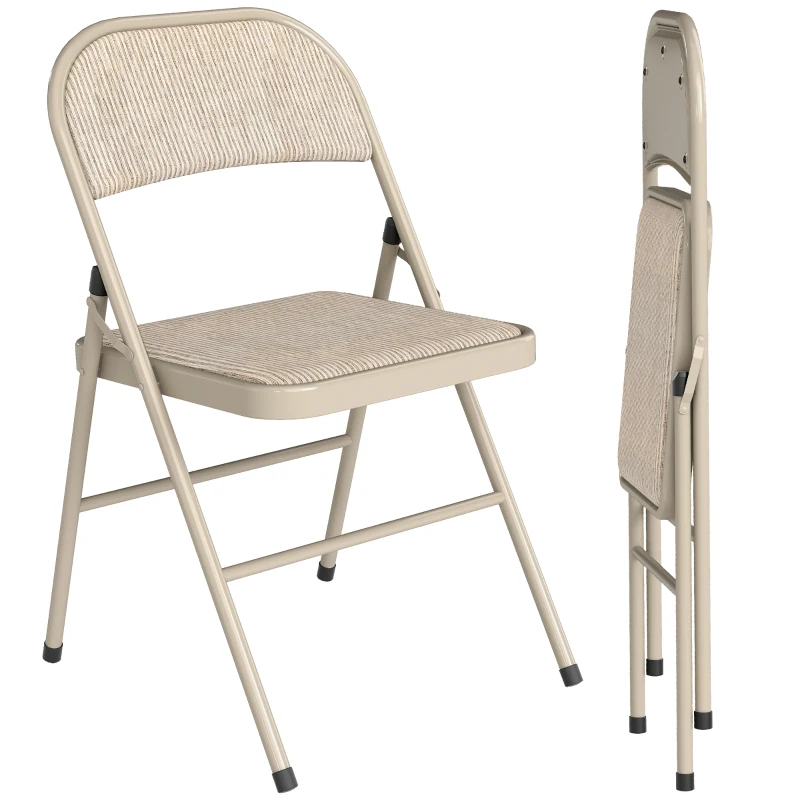 HOMCOM Set of 2 Metal Foldable Chairs, Faux Linen Padded Folding Chairs with Cushion Seat and Open Back for Indoor, Beige